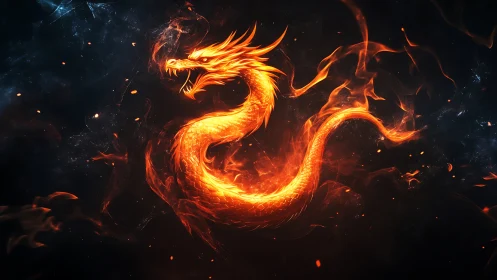 Luminous serpentine fire dragon rendered in high-contrast nebular void