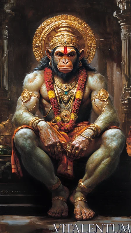 Divine simian guardian seated on ornate golden throne.