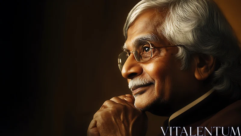 Side-lit contemplative elder portrait with warm tonal modeling.