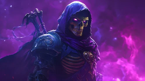 Necromantic skeletal warlord in luminous magenta etherfield.