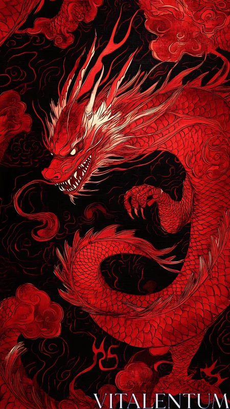 Red oriental dragon coiled in clouds on black ground.