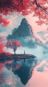 Infrared mountain vista with solitary robed figure by lake.