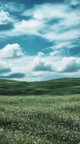 Rolling green hush listens quietly beneath wandering clouds