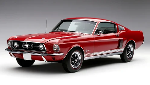 Red classic Ford Mustang fastback on clean studio backdrop.