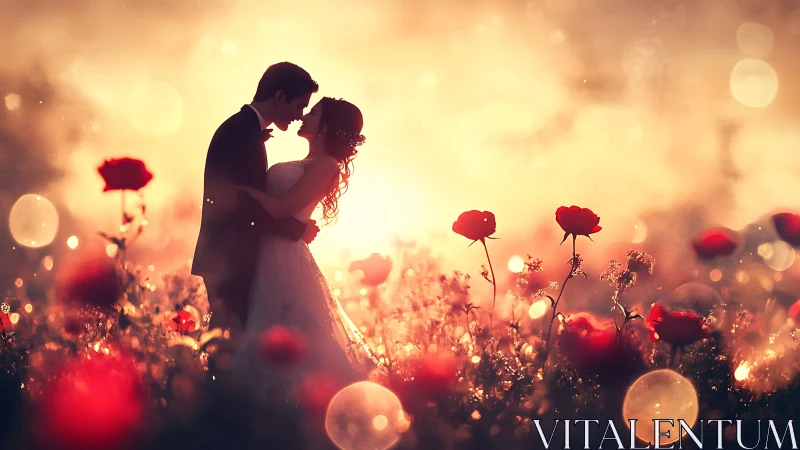 Romantic Couple Silhouette Among Red Poppies at Golden Hour Sunset