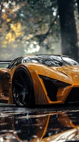 Golden supercar resting on wet forest road after rainfall.