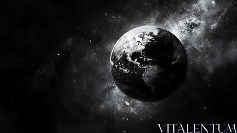 Monochrome Earth in high contrast cosmic dust field.