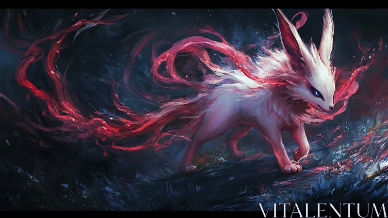 Mythic fox spirit stalks stormlit battlefield with crimson aura.