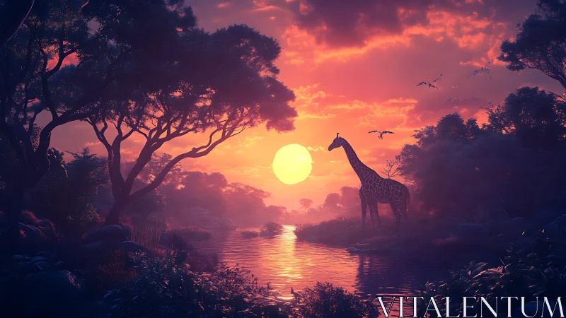 Giraffe silhouette beside river under vivid sunset sky.