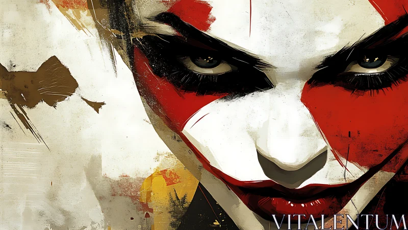 Fierce painted face dominates bold abstract portrait.