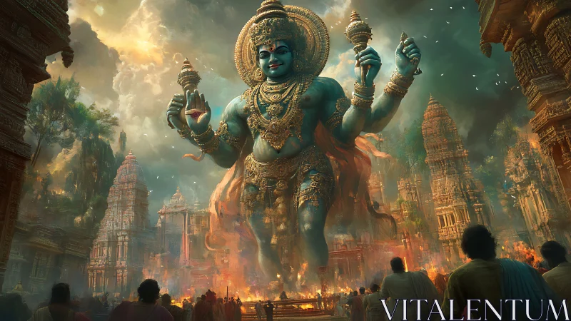 Colossal blue deity strides through burning temple city.