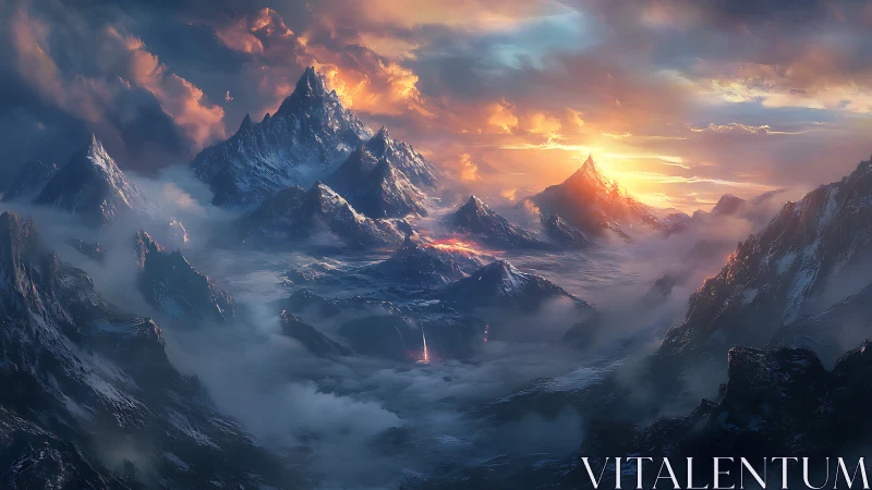 Fiery sunrise over icy fantasy mountain range landscape.
