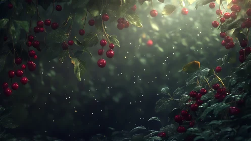 Backlit cherry branches display depth-of-field glow and dust motes