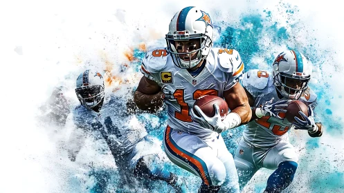 Dynamic NFL running backs rendered with particle dispersion effects
