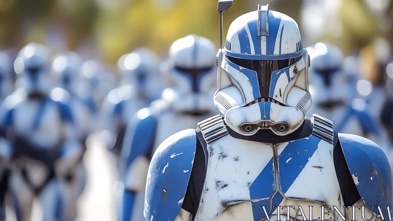 Blue-armored sci-fi troopers march in sunlit formation.