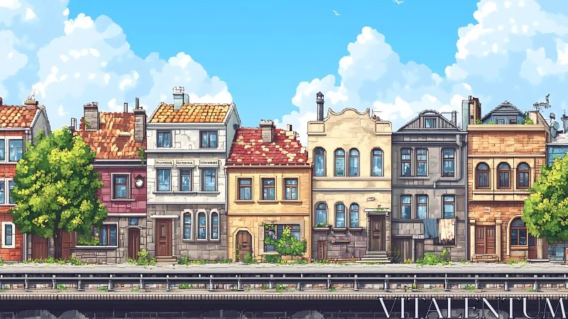 Pixel art city street with colorful old town houses.
