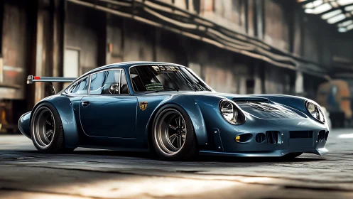 Retro racer prowls an industrial hall in steel blue armor.