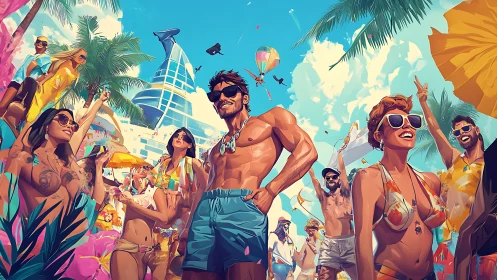 Sunlit coastal pool party crowd in stylized high-saturation digital art