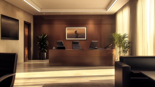 Modern executive office with wood paneling and warm daylight