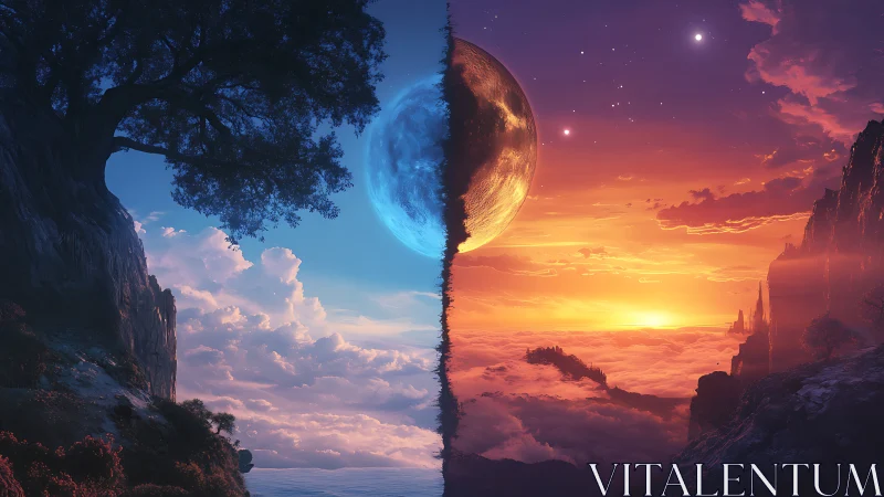 Twin skies divide a surreal world of night and burning dawn