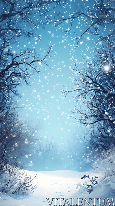 Snow covered forest path recedes under falling snowflakes