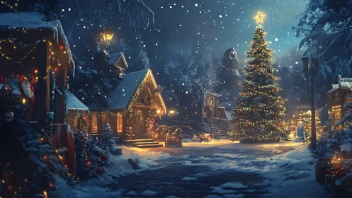 Snowy village square glows around a towering Christmas tree