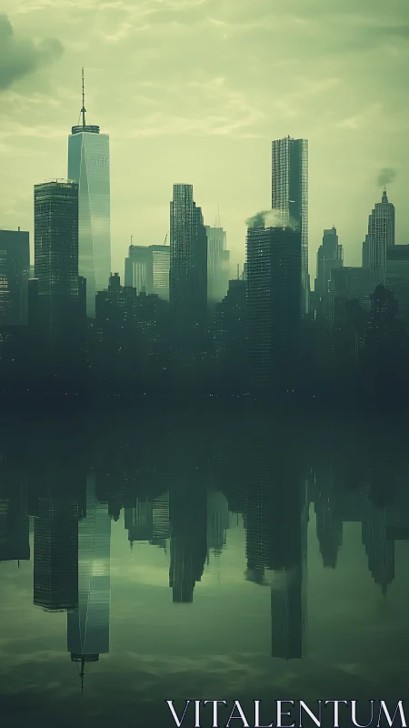 Urban skyline reflects symmetrically in calm water surface