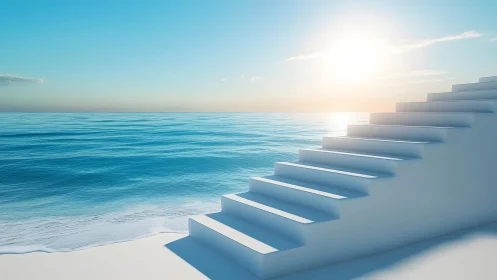 Minimalist white stairs leading to tranquil ocean at sunrise.