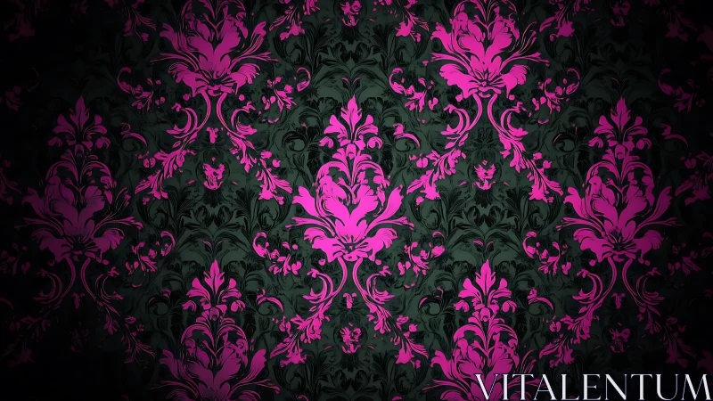 Ornate pink damask motifs glow over dark floral background.