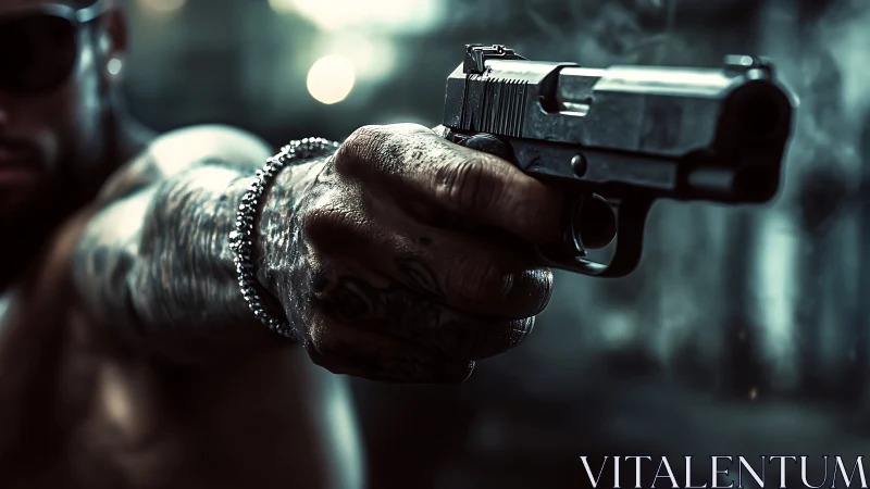 Tattooed hand aiming handgun in gritty urban closeup.