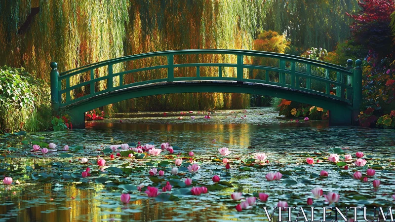Green garden bridge over lily pond under golden willows.