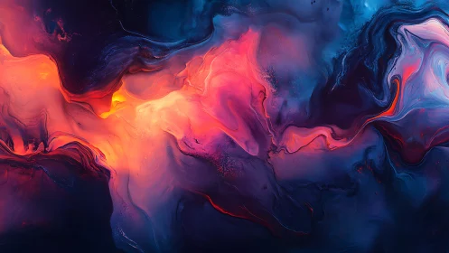 Fluid neon abstraction with deep blue and ember tones.