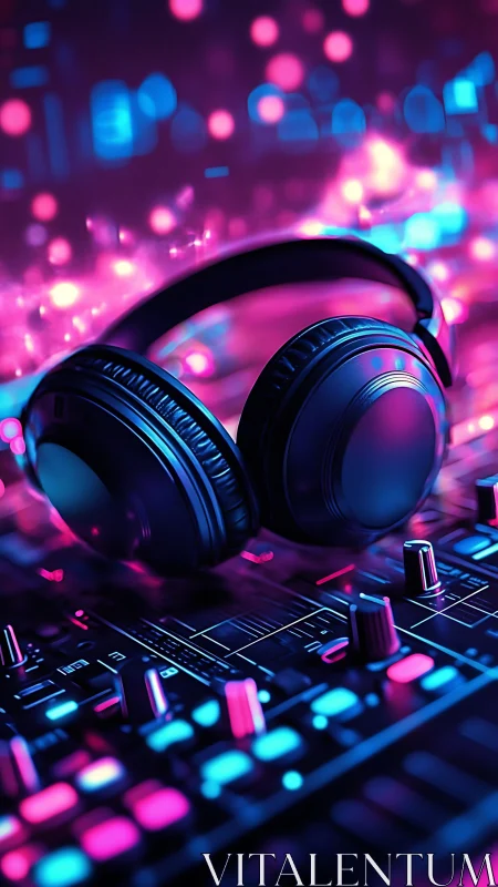Neon-lit closed-back headphones on RGB DJ mixing console