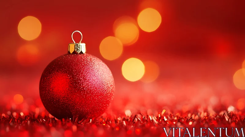 Solitary crimson bauble listens quietly to glowing lights