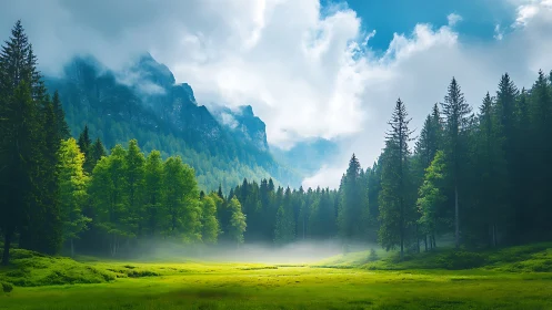 Alpine Valley Landscape Demonstrating Atmospheric Perspective with Volumetric Fog Layers
