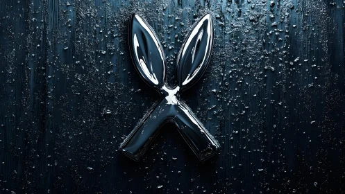 Shiny Metallic Bunny Ears Sculpture on Textured Dark Surface.