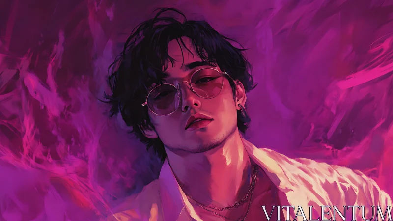Moody neon portrait captures cool confidence in violet haze