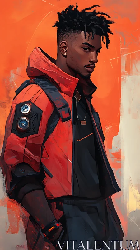 Male character in red tech jacket stands before orange backdrop