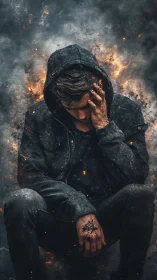 Hooded figure in embers with particle effects and moody backlight