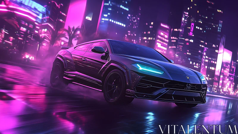 Neon-lit Lamborghini SUV drifting on wet cyberpunk city street