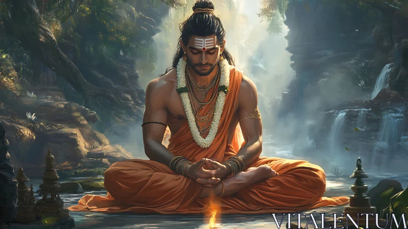 Meditating sage in orange robes channels inner fire energy