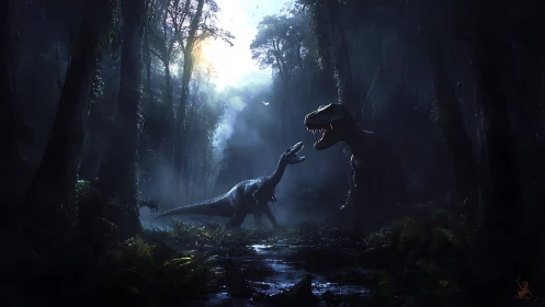 Moonlit dinosaur standoff deep in a misty primeval jungle.