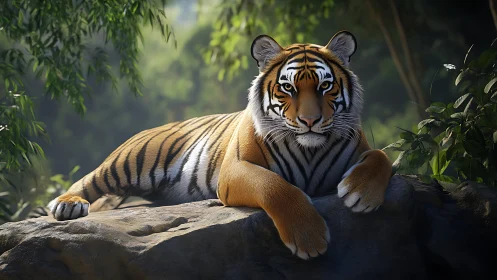 Resting tiger rendered with high-detail fur shading and soft bokeh