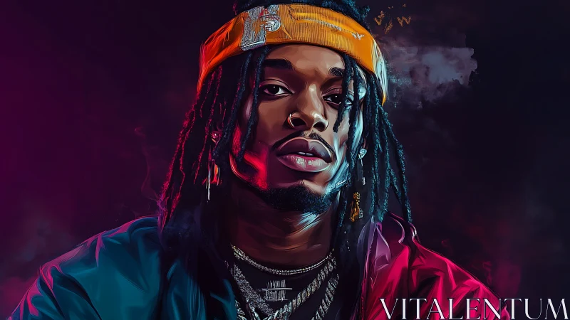 Digital portrait of hip hop figure with neon rim lighting.