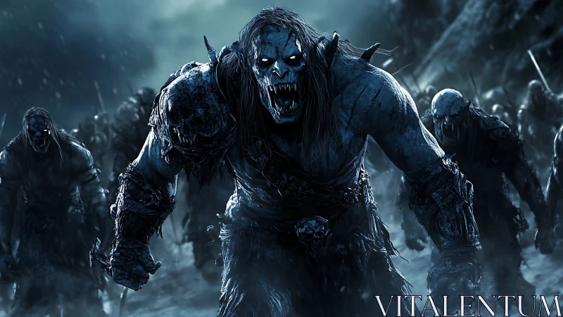 Undead warlord leads frostbitten horde through blizzard night.