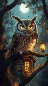 Moonlit owl sentinel above glowing forest treehouse at dusk.