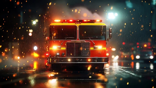 Noctural Fire Truck in Rain: Dramatic Urban Emergency Response.