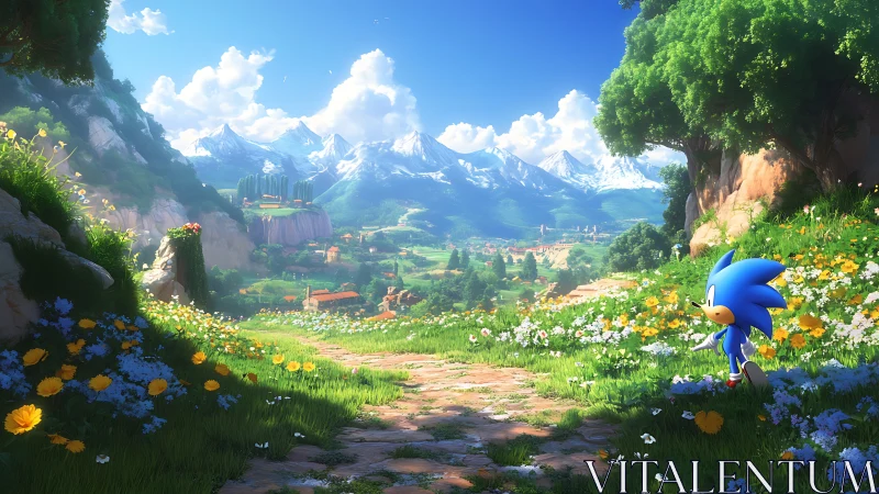 Panoramic alpine valley with stylized hedgehog and dynamic depth of field