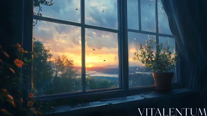 Backlit rainy window framing sunset landscape with potted flora
