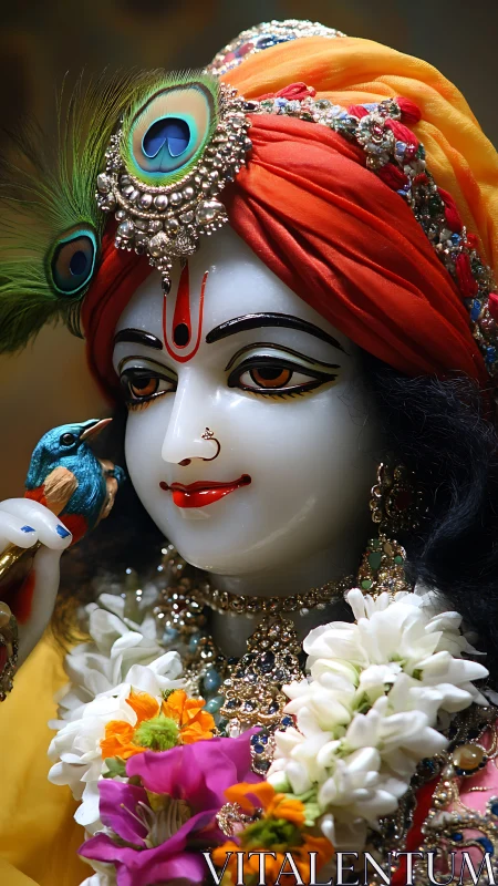 Peacock crowned deity gazes softly through jeweled blossoms.